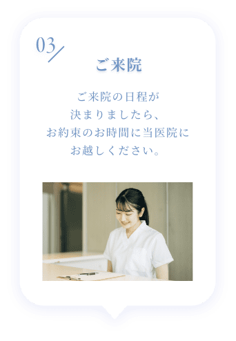 03 ご来院 ご来院の日程が決まりましたら、お約束のお時間に当医院にお越しください。