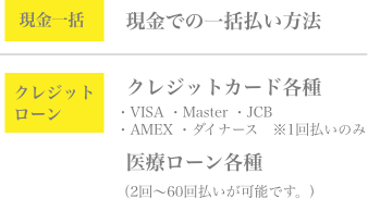 現金一括:現金での一括払い方法/クレジットローン:クレジットカード各種(VISA/Master/JCB/AMEX/ダイナース ※1回払いのみ)または医療ローン各種(2回〜60回払いが可能です)