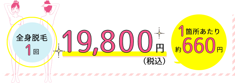 全身脱毛1回　19,800円（税込） 1箇所あたり約660円
