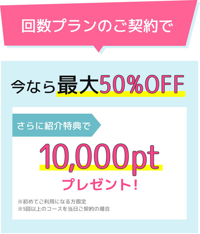 回数プランのご契約で今なら最大50%OFF　さらに紹介特典で10,000ptプレゼント