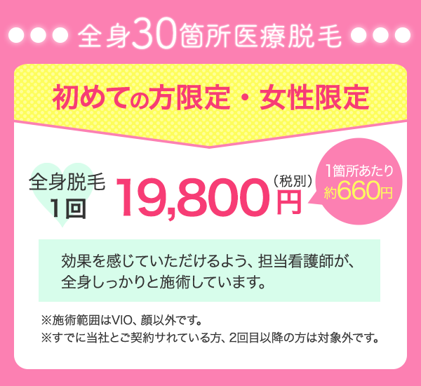 全身30箇所医療脱毛　初めての方限定／女性限定　全身脱毛1回 19,800円（税別）