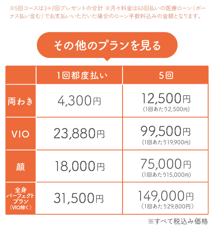 その他のプランを見る 両わき・VIO・顔・全身パーフェクトプラン（VIO除く）の1回都度払い／5回料金 ※すべて税込み価格