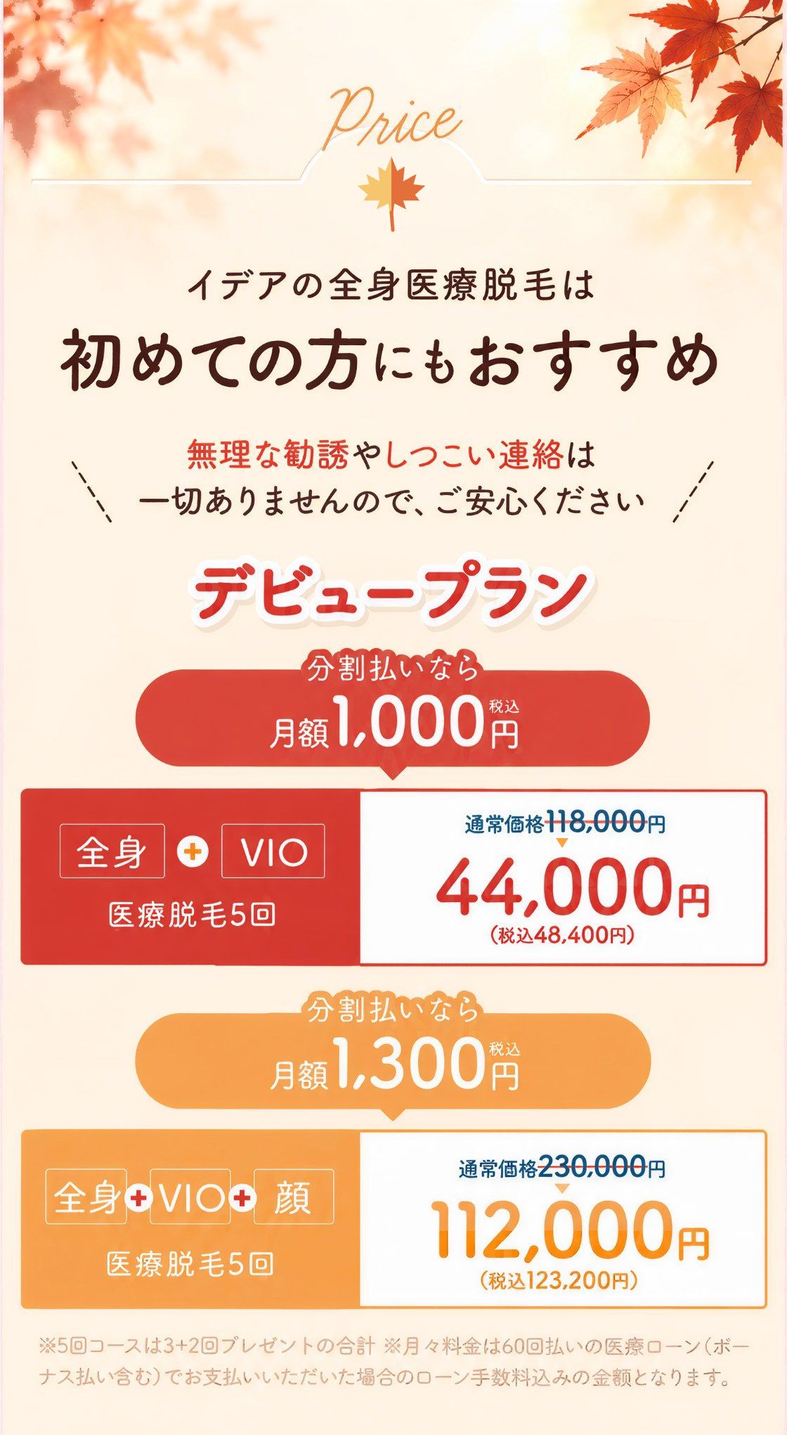 Price イデアの全身医療脱毛は初めての方にもおすすめ 無理な勧誘やしつこい連絡は一切ありませんので、ご安心ください デビュープラン 分割払いなら月額1,000円（税込）全身＋VIO 医療脱毛5回 通常価格118,000円→44,000円（税込48,400円）／分割払いなら月額1,300円（税込）全身＋VIO＋顔 医療脱毛5回 通常価格230,000円→112,000円（税込123,200円） ※5回コースは3＋2回プレゼントの合計 ※月々料金は60回払いの医療ローン（ボーナス払い含む）でお支払いいただいた場合のローン手数料込みの金額となります。