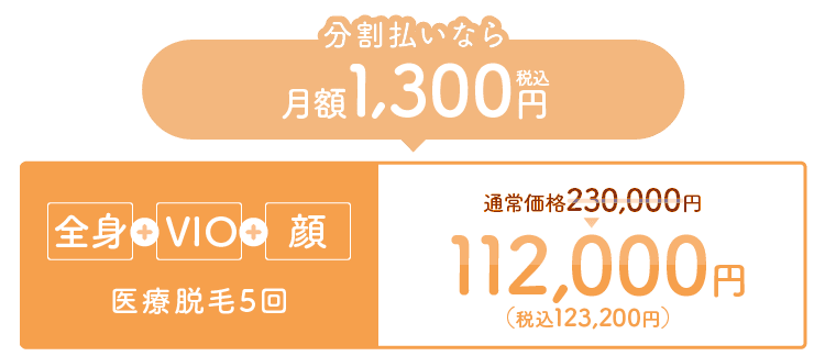 分割払いなら月額1,300円（税込）全身＋VIO＋顔 医療脱毛5回 通常価格230,000円→112,000円（税込123,200円）