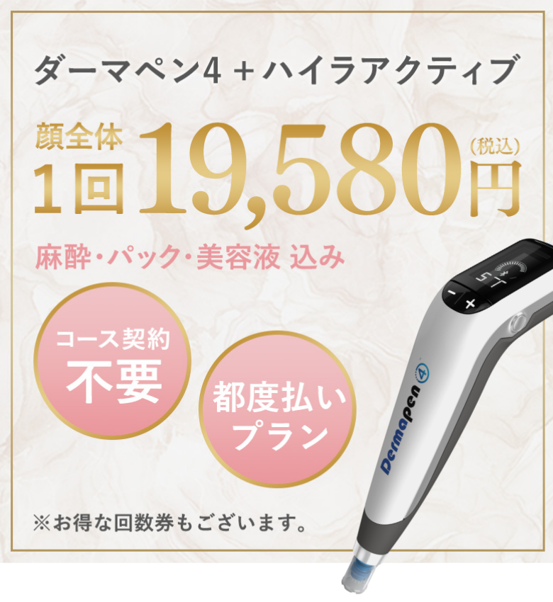 ダーマペン4+ハイラアクティブ　顔全体1回 19,580円（税込）　麻酔・パック・美容液込み