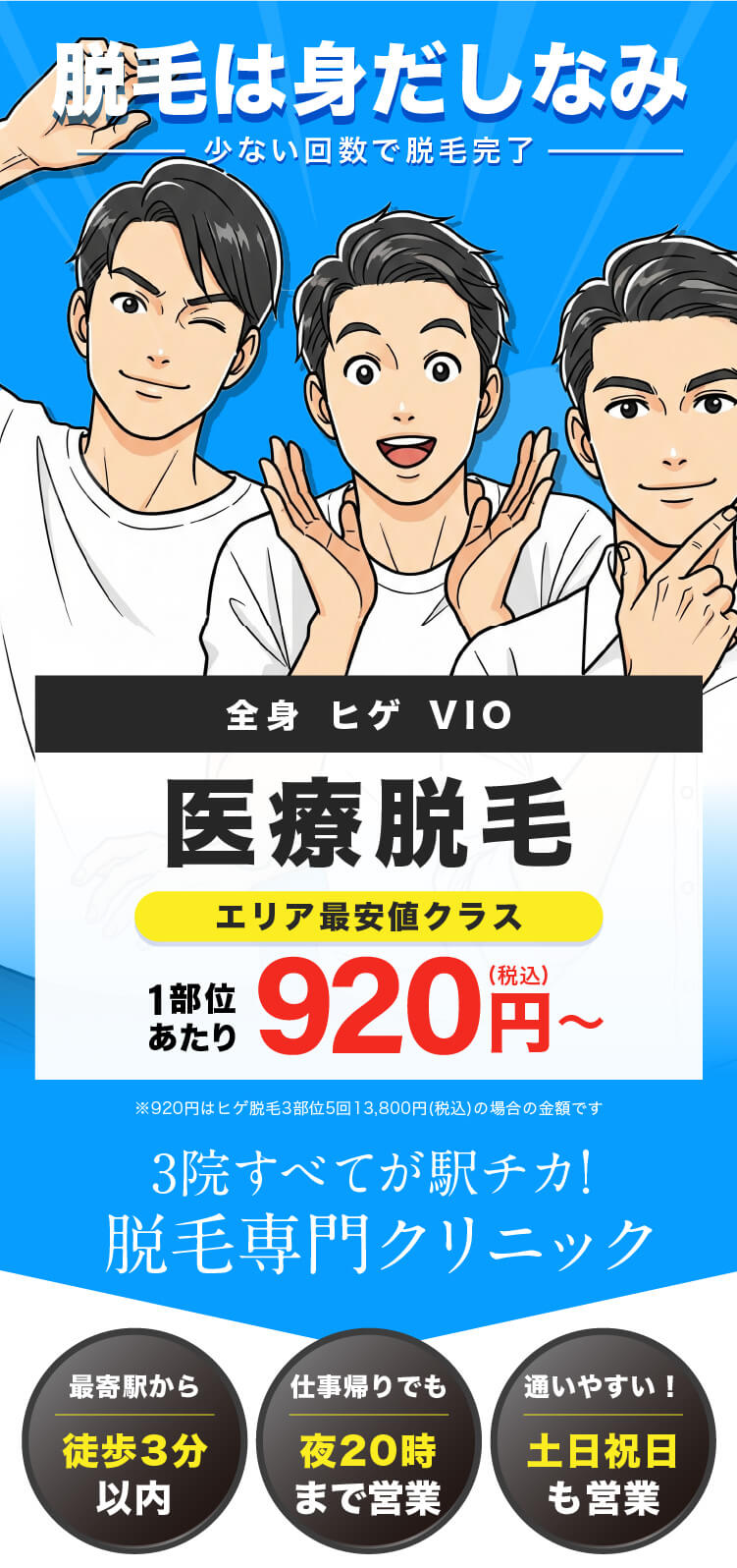 イデア皮膚科クリニック メンズ脱毛 ヒゲ脱毛初回1回 都度払い4,980円（税込）自由に選べるヒゲ３部位