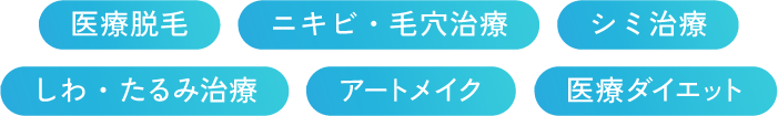 医療脱毛／ニキビ・毛穴治療／シミ治療／しわ・たるみ治療／アートメイク／医療ダイエット