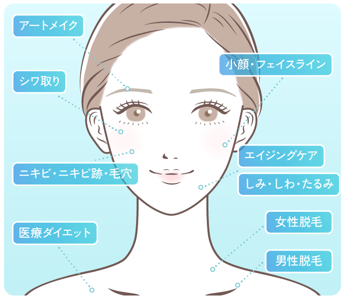 顔のイラストと悩みの項目：アートメイク／シワ取り／ニキビ・ニキビ跡・毛穴／シミ・そばかす／たるみ・ほうれい線／美白・美肌／エイジングケア／ピアス／小顔・フェイスライン／医療ダイエット